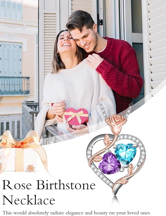 Jewelry for Her Double Heart Rose Birthstone Pendant Necklace Anniversary Jewelry Christmas Birthday Gifts for Women Wife Girlfriend