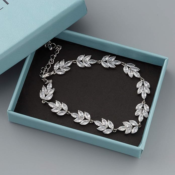SWEETV Bracelet Wedding Bridal for Brides,Bridesmaid-Crystal Cubic Zirconia Bracelet Leaf Vine Vintage Style