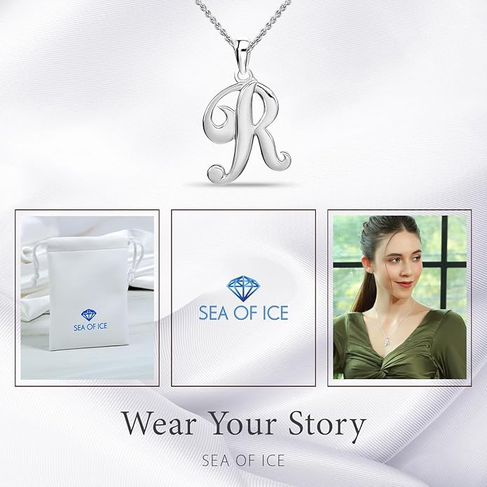 SEA OF ICE Letter Initial Necklace, Alphabet Letter Pendant Necklace, Sterling Silver, Gold, Rose Gold Necklace for Women, Elegant Initial Necklaces, Personalized Custom Women's Necklaces