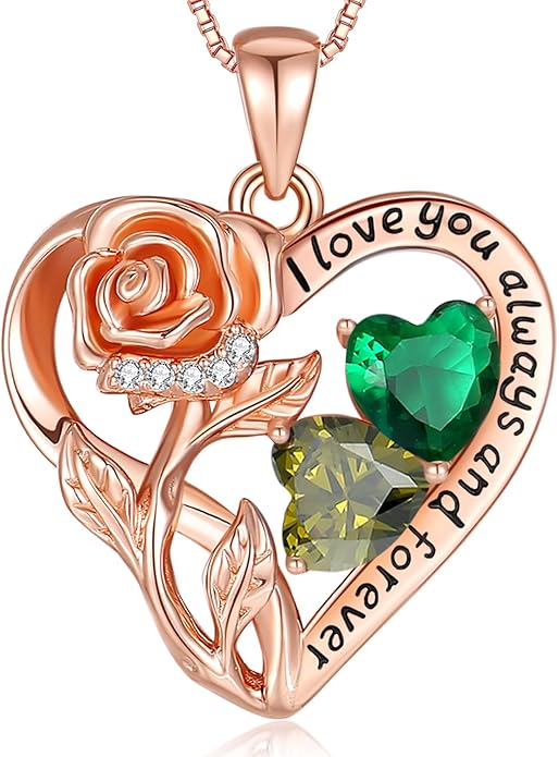 925 Sterling Silver Double Birthstone Rose Flower Heart Jewelry Necklaces for Women Anniversary Love Forever Necklaces for Her Birthday Gifts for Wife Girlfriend Mom Mothers Day Rose Gold