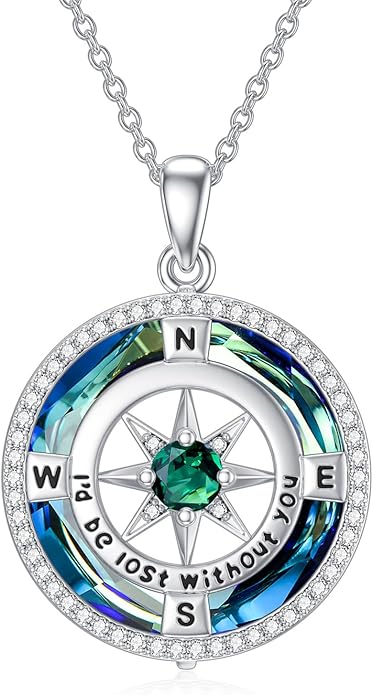 TOUPOP Compass Necklace for Women 925 Sterling Silver I'd be Lost without You Compass Pendant Birthstone Necklaces Anniversary Jewelry Birthday Gift for Girlfriend Wife Graduation Gifts for Her Daugthter