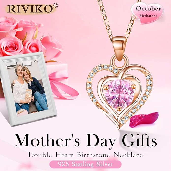 RIVIKO Heart Birthstone Pendant Necklace for Women 925 Sterling Silver Zirconia Necklaces Wedding Anniversary Birthday Mothers Day Jewelry Gifts For Her Mother Wife