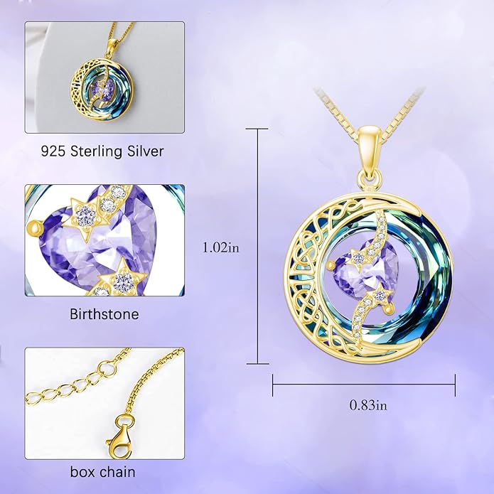 TOUPOP Birthstone Necklace 925 Sterling Silver Moon and Star Pendant with Blue Crystal Celtic Moon Jewelry Birthday Christmas Gifts for Women Mom Wife Her Daughter