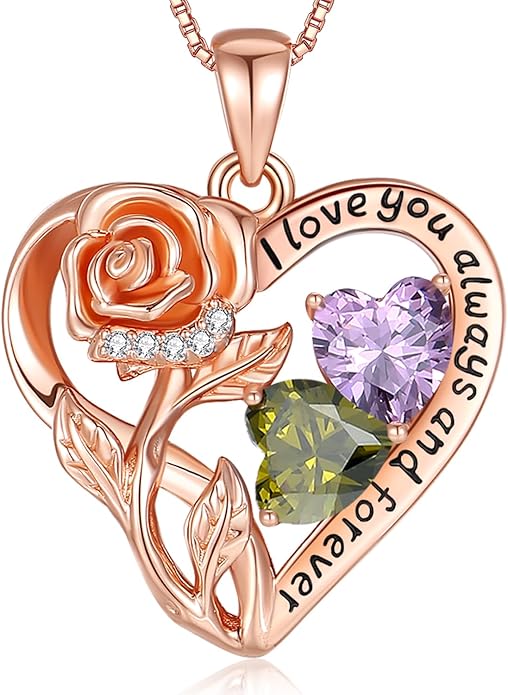 925 Sterling Silver Double Birthstone Rose Flower Heart Jewelry Necklaces for Women Anniversary Love Forever Necklaces for Her Birthday Gifts for Wife Girlfriend Mom Mothers Day Rose Gold