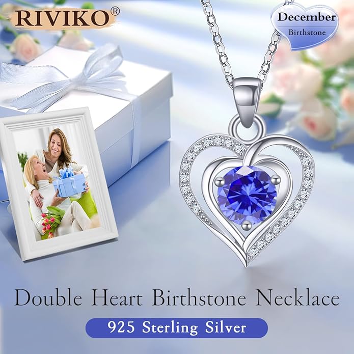 RIVIKO Heart Birthstone Pendant Necklace for Women 925 Sterling Silver Zirconia Necklaces Wedding Anniversary Birthday Mothers Day Jewelry Gifts For Her Mother Wife