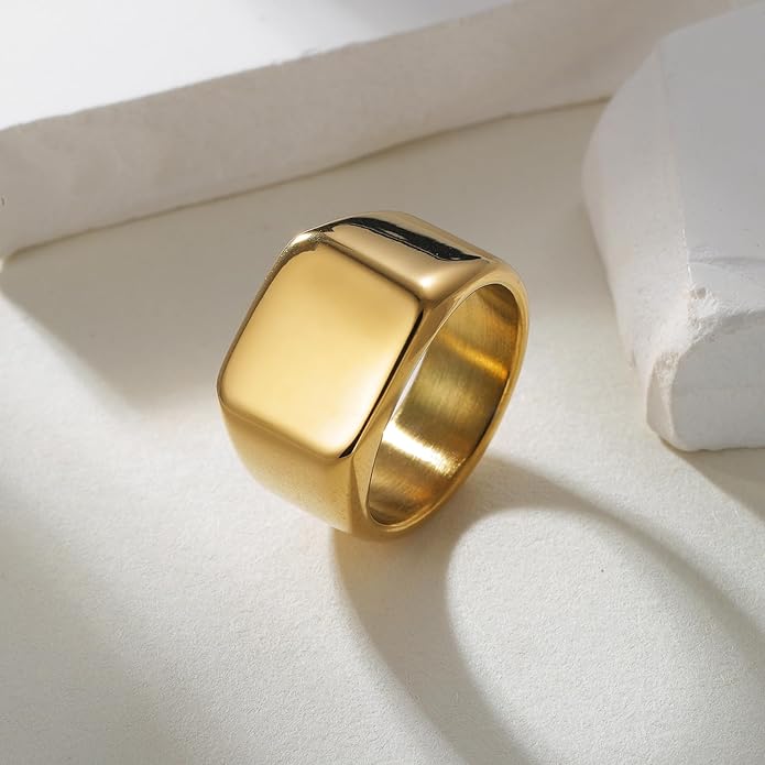 Mens Signet Rings Stainless Steel Pinky Ring for Men Women Silver/Black/Gold Square Cool Finger Ring, Gift for Dad Husband