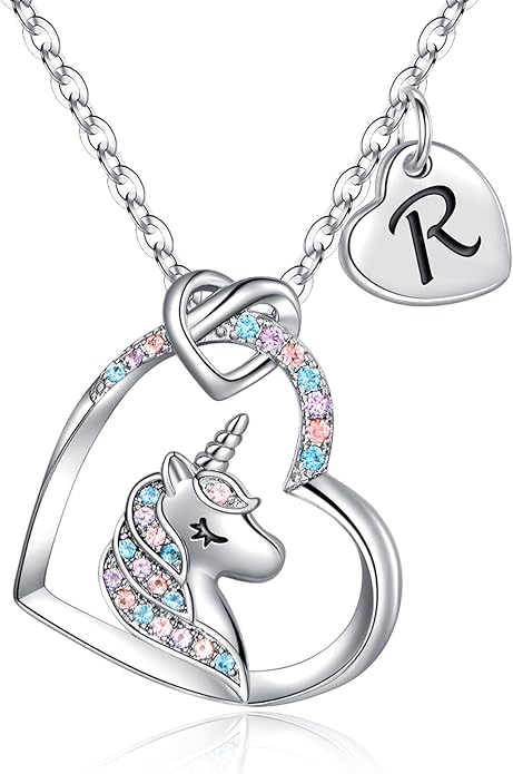 Hidepoo Unicorn Necklace Gifts for Girls Daughter - Colorful CZ Heart Pendant Initial Unicorn Necklaces for Girl Teens Little Girls Jewelry Birthday Gift