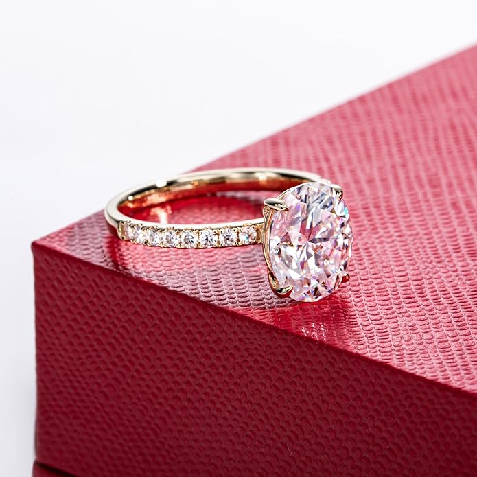 14K Solid Gold Side Stones Ring, Round/Princess Cut Centerpiece Moissanite Lab Grown Created Diamond, D Color and Flawless Real Gold Wedding Anniversary Ring