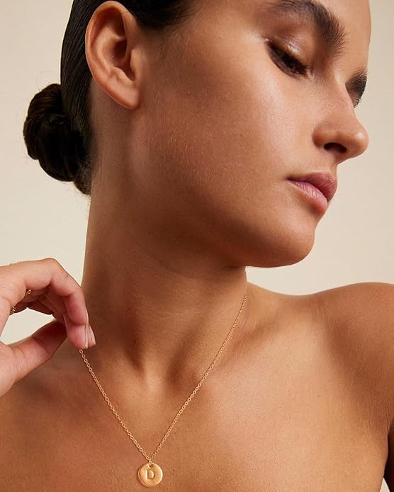 Bemoly Initial Necklace for Women Round 11MM Coin Disc Double Side Engraved Letter A-Z Hammered Pendant 14K Gold Plated Personalized Alphabet Birthday Jewelry 17.5"