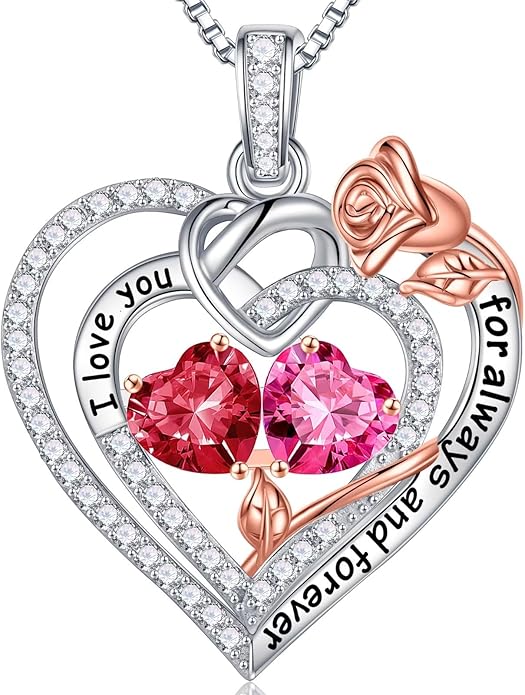 Iefil Rose Heart Necklace Gifts for Wife Women - 925 Sterling Silver Double Birthstone Necklace, Anniversary Birthday Gifts for Women, Jewelry Gift for Wife Girlfriend Mom Her
