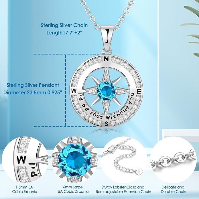Compass Necklace Gifts for Women wife - S925 Sterling Silver Birthstone Necklaces for Women - Anniversary Birthday Gifts for Her Wife Girlfriend - Valentines Mom Mothers Day Christmas Gifts Jewelry for Women