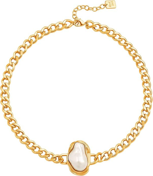 18k Gold Chain Link Necklace for Women, Baroque Pearl/Compass Pendant Necklace