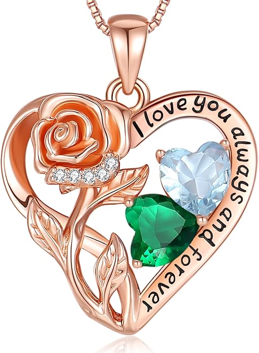925 Sterling Silver Double Birthstone Rose Flower Heart Jewelry Necklaces for Women Anniversary Love Forever Necklaces for Her Birthday Gifts for Wife Girlfriend Mom Mothers Day Rose Gold