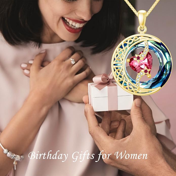 TOUPOP Birthstone Necklace 925 Sterling Silver Moon and Star Pendant with Blue Crystal Celtic Moon Jewelry Birthday Christmas Gifts for Women Mom Wife Her Daughter