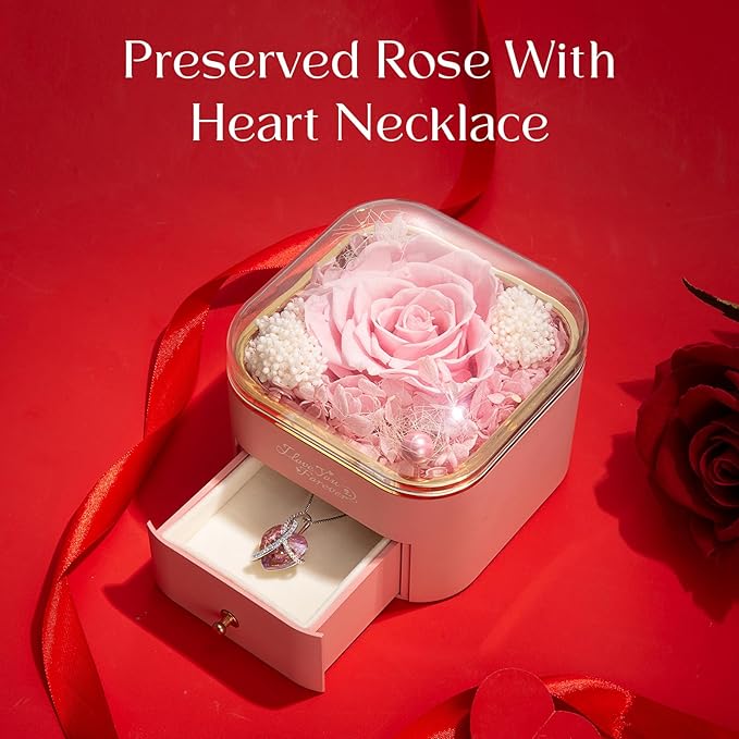 WILDLOVE Preserved Real Pink Rose with Heart Necklace, Forever Flowers Gifts for Mom Grandma Wife Girlfriend at Christmas, Valentines, Mothers Day, Anniversary or Birthday Gifts for Women