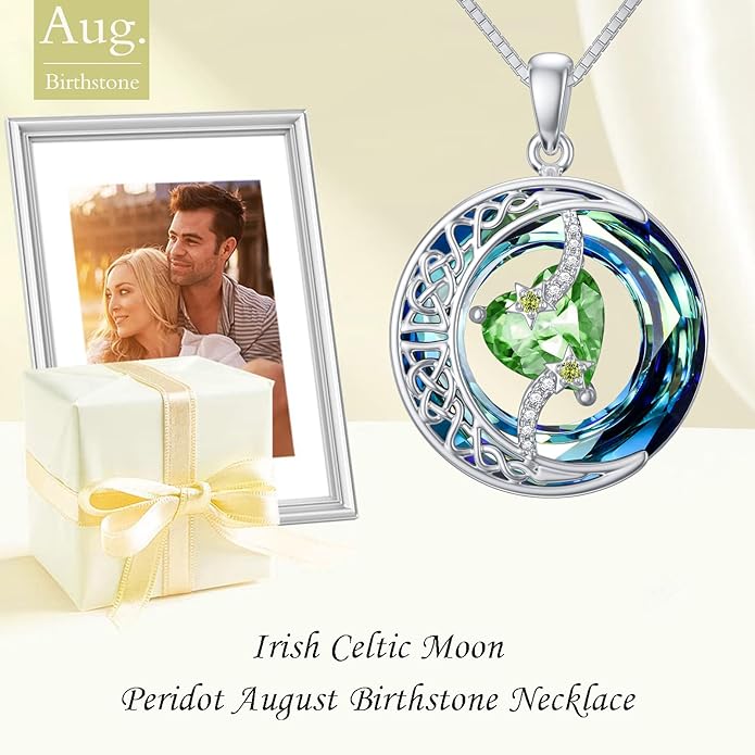 TOUPOP Birthstone Necklace 925 Sterling Silver Moon and Star Pendant with Blue Crystal Celtic Moon Jewelry Birthday Christmas Gifts for Women Mom Wife Her Daughter