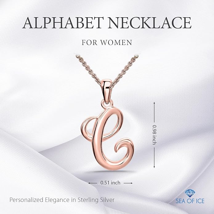 SEA OF ICE Letter Initial Necklace, Alphabet Letter Pendant Necklace, Sterling Silver, Gold, Rose Gold Necklace for Women, Elegant Initial Necklaces, Personalized Custom Women's Necklaces