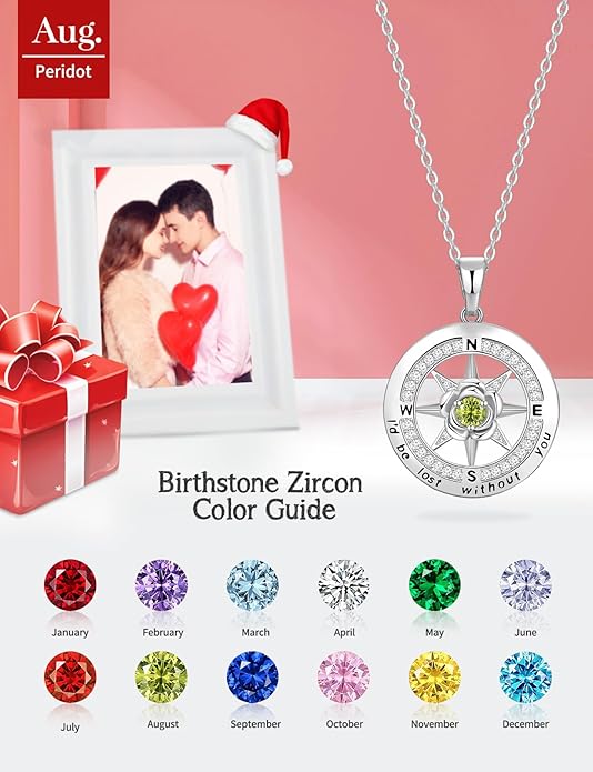 Silver Compass Necklace for Women Birthday Gifts for Wife Anniversary Necklace for Women Rose Flower Birthstone Necklaces for Wife Jewelry for Womens Girlfriend Mom Daughter