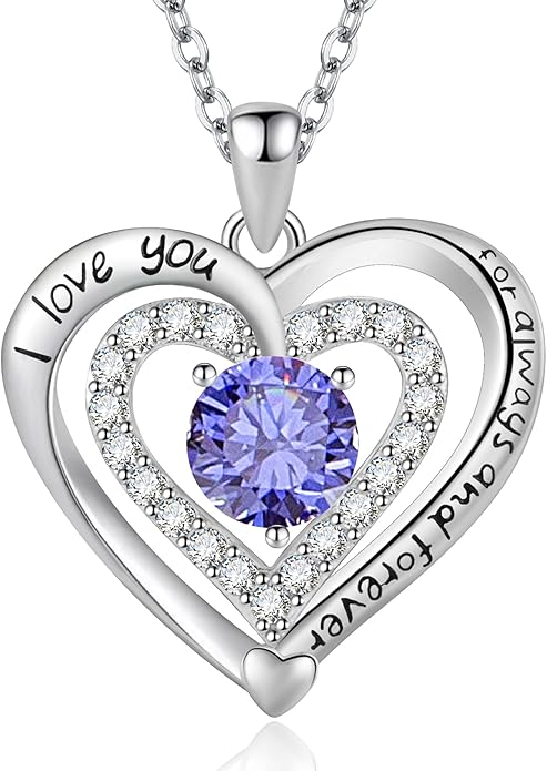 Heart Necklace, I Love You Always & Forever, Birthstone Cubic Zirconia Pendant, Gift for Women