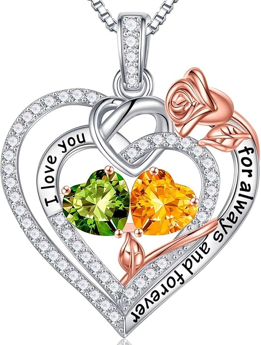 Iefil Rose Heart Necklace Gifts for Wife Women - 925 Sterling Silver Double Birthstone Necklace, Anniversary Birthday Gifts for Women, Jewelry Gift for Wife Girlfriend Mom Her