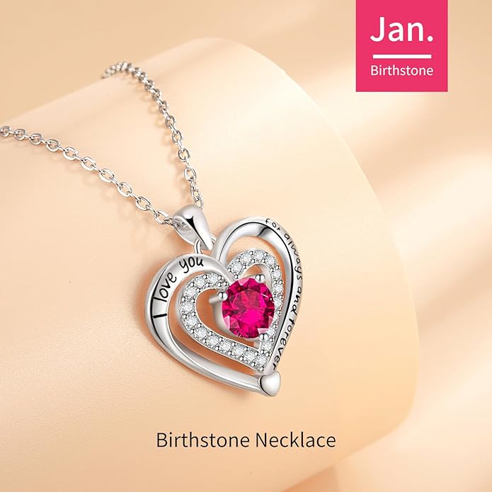 Heart Necklace, I Love You Always & Forever, Birthstone Cubic Zirconia Pendant, Gift for Women