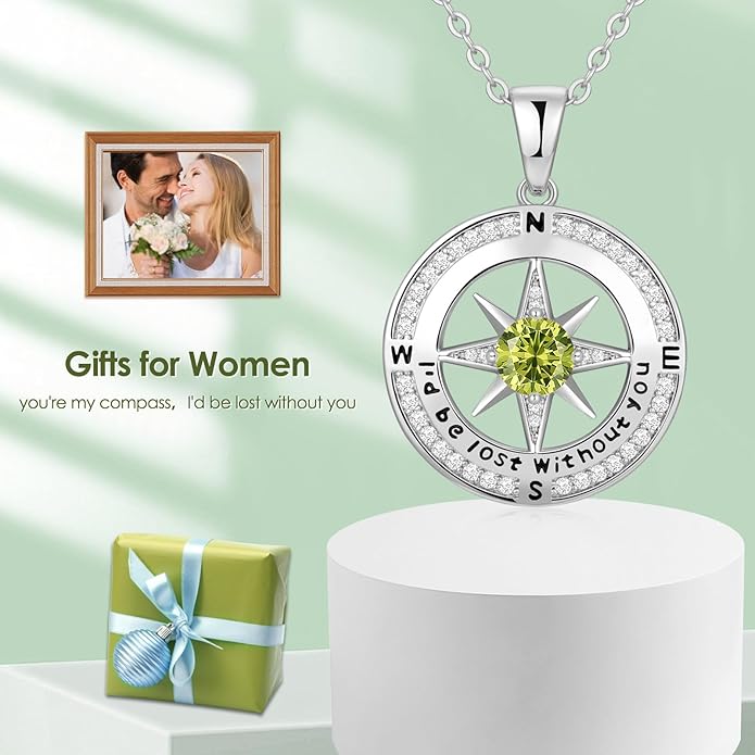 Compass Necklace Gifts for Women wife - S925 Sterling Silver Birthstone Necklaces for Women - Anniversary Birthday Gifts for Her Wife Girlfriend - Valentines Mom Mothers Day Christmas Gifts Jewelry for Women