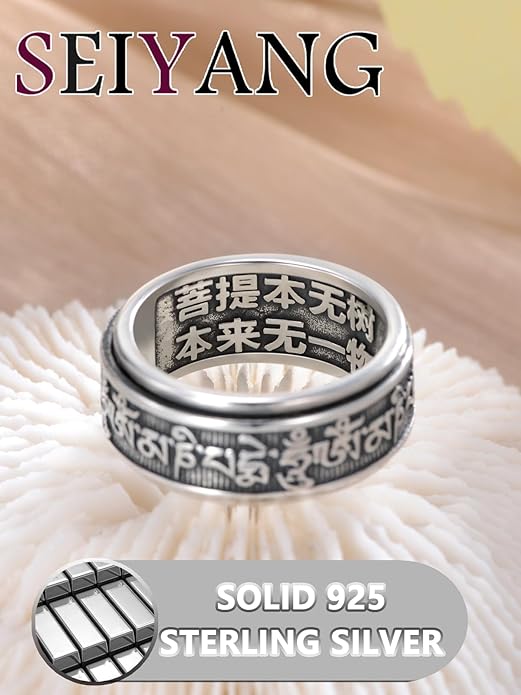 Seiyang Feng Shui Ring 925 Stering Silver Pixiu Mantra Ring Protection Wealth Adjustable Rings Gift for Men Women (with Gift Box)