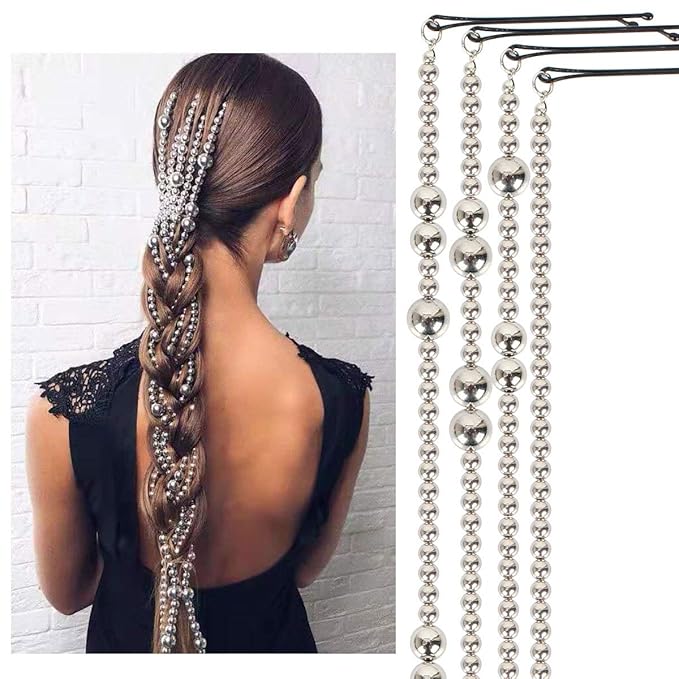 4PCS Dreadlocks Metal Tassel Ponytail Multi-Strand Hair Chain Prom Party Concave styling hair accessories hair extension chain with clip for girls and women (silver)