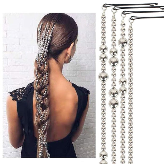 4PCS Dreadlocks Metal Tassel Ponytail Multi-Strand Hair Chain Prom Party Concave styling hair accessories hair extension chain with clip for girls and women (silver)