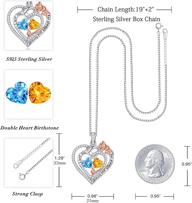 Iefil Rose Heart Necklace Gifts for Wife Women - 925 Sterling Silver Double Birthstone Necklace, Anniversary Birthday Gifts for Women, Jewelry Gift for Wife Girlfriend Mom Her