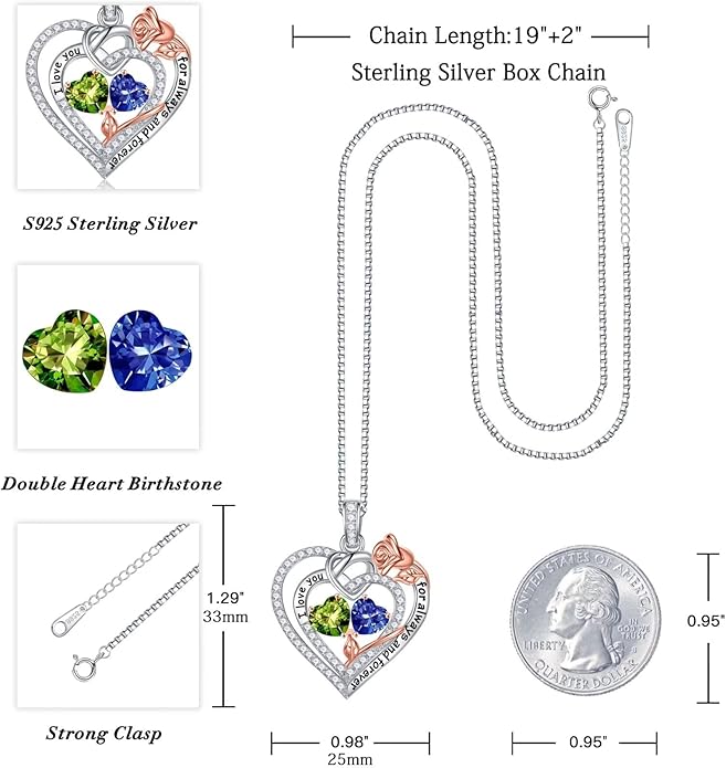 Iefil Rose Heart Necklace Gifts for Wife Women - 925 Sterling Silver Double Birthstone Necklace, Anniversary Birthday Gifts for Women, Jewelry Gift for Wife Girlfriend Mom Her