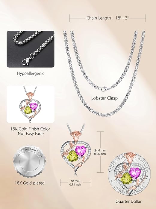 Jewelry for Her Double Heart Rose Birthstone Pendant Necklace Anniversary Jewelry Christmas Birthday Gifts for Women Wife Girlfriend
