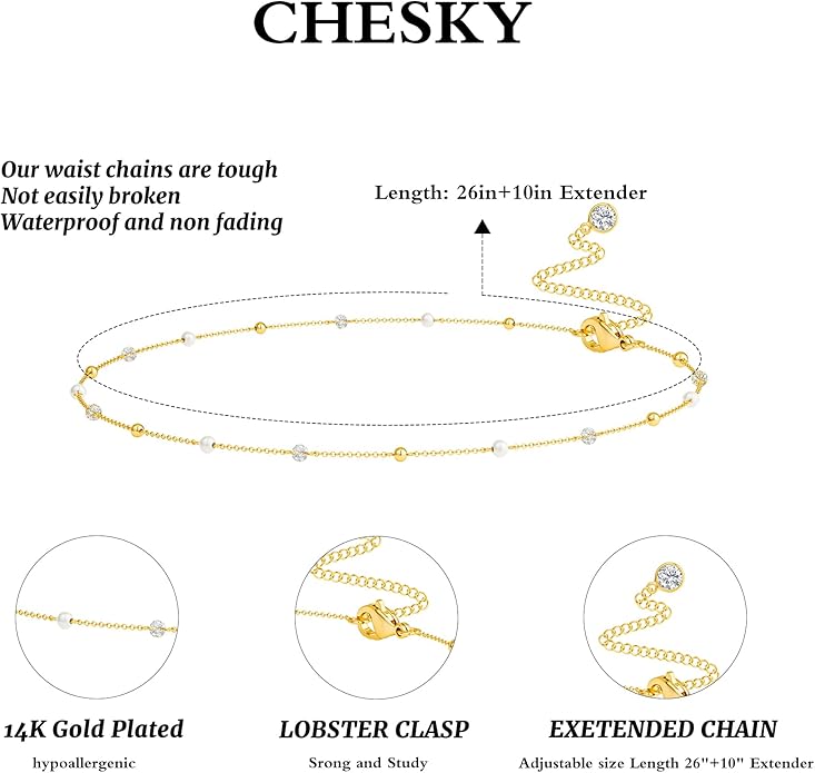 CHESKY Gold Waist Chain, 14K Gold Plated Belly Chain Adjustable Waterproof Body Chain Sexy Bikini Waist Beads for Women Satellite Beads Diamond Pearl Coin Chain Dainty Body Chain Jewelry for Women
