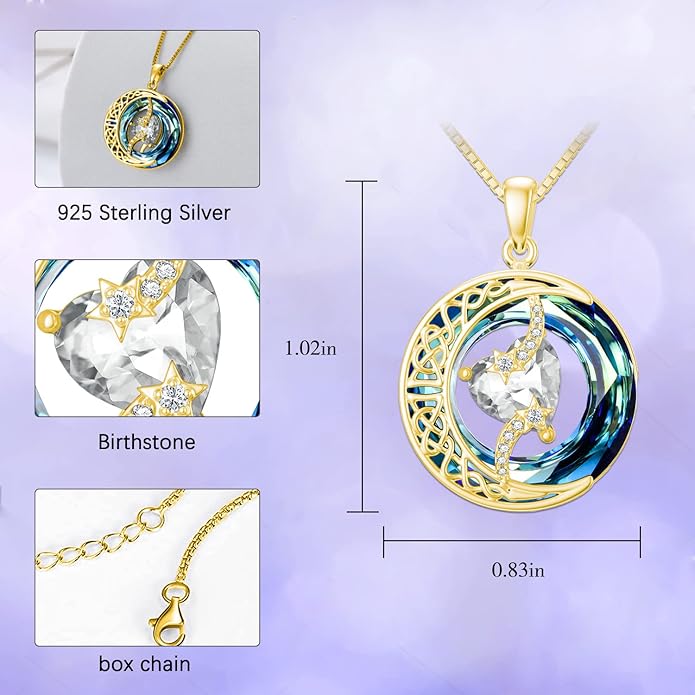TOUPOP Birthstone Necklace 925 Sterling Silver Moon and Star Pendant with Blue Crystal Celtic Moon Jewelry Birthday Christmas Gifts for Women Mom Wife Her Daughter