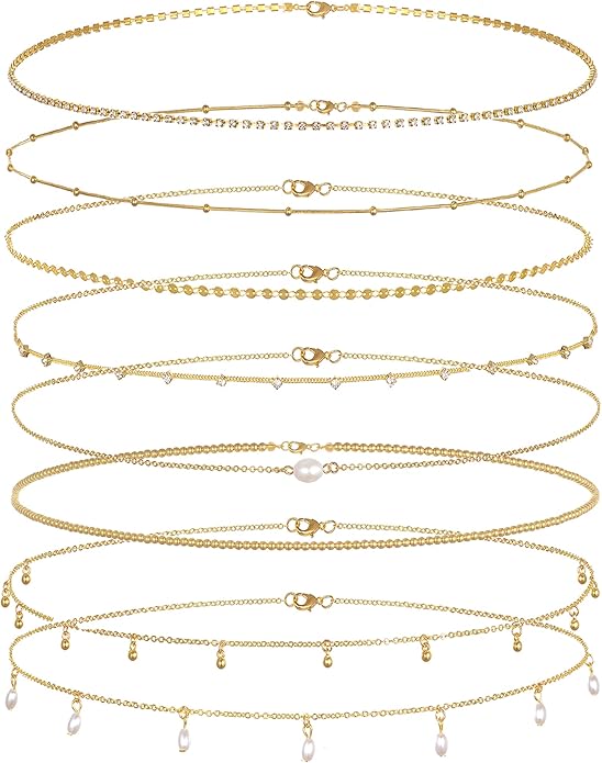 Tornito 8Pcs Waist Belly Chain 18K Gold Plated CZ Heart Pearl Snake Bead Sequin Paperclip Belly Chain Summer Beach Sexy Body Chains Jewelry Accessories for Women Adjustable