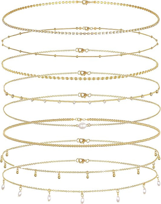 Tornito 8Pcs Waist Belly Chain 18K Gold Plated CZ Heart Pearl Snake Bead Sequin Paperclip Belly Chain Summer Beach Sexy Body Chains Jewelry Accessories for Women Adjustable
