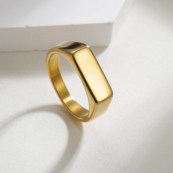 Mens Signet Rings Stainless Steel Pinky Ring for Men Women Silver/Black/Gold Square Cool Finger Ring, Gift for Dad Husband