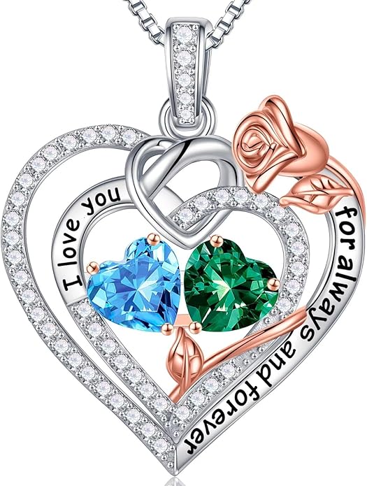 Iefil Rose Heart Necklace Gifts for Wife Women - 925 Sterling Silver Double Birthstone Necklace, Anniversary Birthday Gifts for Women, Jewelry Gift for Wife Girlfriend Mom Her