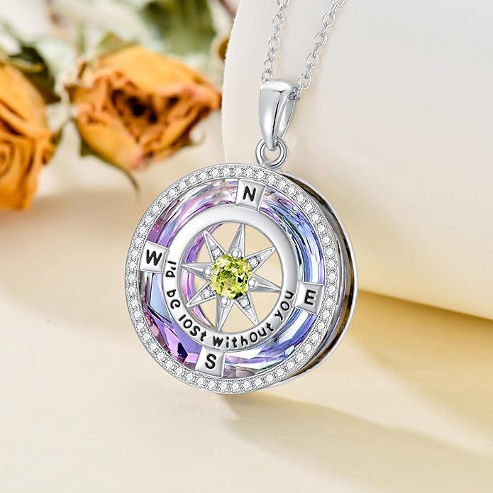 TOUPOP Compass Necklace for Women 925 Sterling Silver I'd be Lost without You Compass Pendant Birthstone Necklaces Anniversary Jewelry Birthday Gift for Girlfriend Wife Graduation Gifts for Her Daugthter