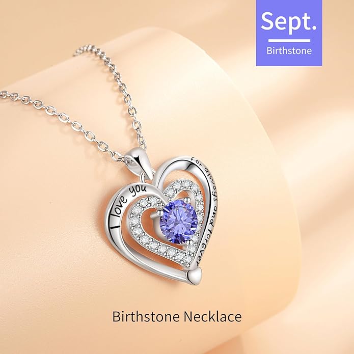 Heart Necklace, I Love You Always & Forever, Birthstone Cubic Zirconia Pendant, Gift for Women