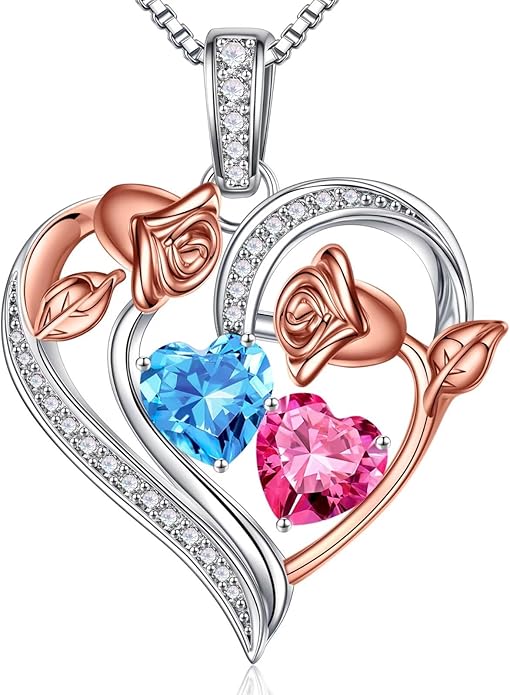 Iefil Birthstone Necklace for Women - 925 Sterling Silver Rose Heart Necklace, Birthstone Jewelry, Anniversary Birthday Gifts for Wife Girlfriend Mom Daughter