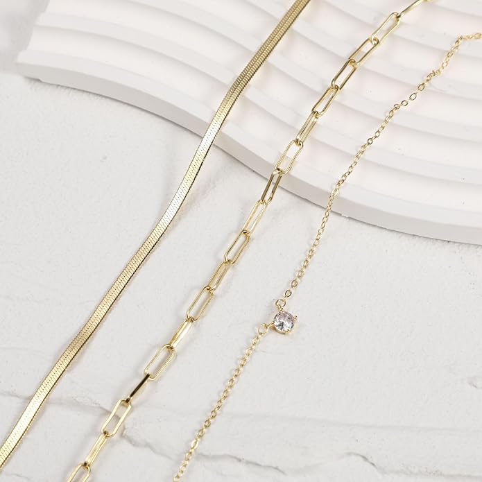 ASCOMY Layered Necklaces for Women Dainty Gold Necklace 14K Gold Plated Herringbone Necklace for Women Pearl Cross Necklace Paperclip Cuban Figaro Rope Satellite Chain Gold Choker Trendy Jewelry Gift