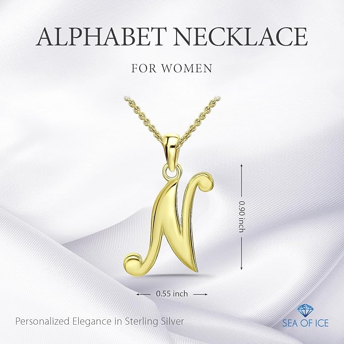 SEA OF ICE Letter Initial Necklace, Alphabet Letter Pendant Necklace, Sterling Silver, Gold, Rose Gold Necklace for Women, Elegant Initial Necklaces, Personalized Custom Women's Necklaces