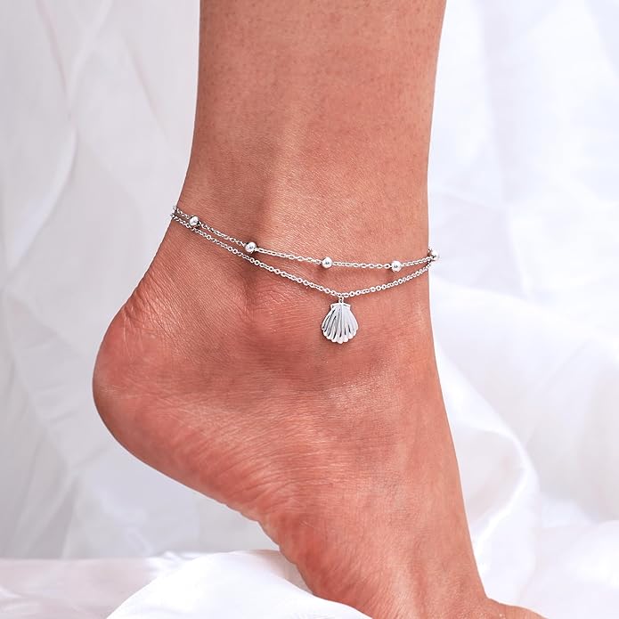 CHIC & ARTSY Womens Sterling Silver Created Opal Layered Anklet Bracelet Dainty Beaded Chain Adjustable 11" Best Friend Anklet