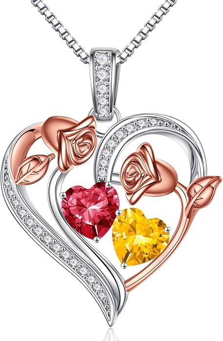 Iefil Birthstone Necklace for Women - 925 Sterling Silver Rose Heart Necklace, Birthstone Jewelry, Anniversary Birthday Gifts for Wife Girlfriend Mom Daughter