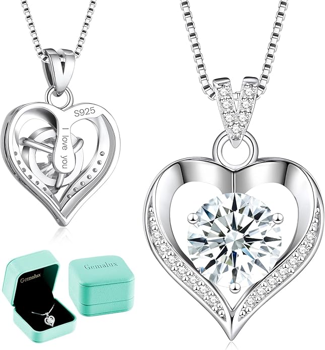 Moissanite Heart Necklace for Women, Engraved 'I Love You', 925 Sterling Silver, 1-3 Carat D Color VVS1 Synthetic Diamond Heart Pendant, Birthday Anniversary Wedding Gift for Wife Girlfriend Mom