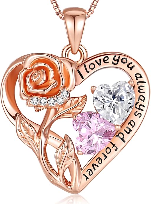 925 Sterling Silver Double Birthstone Rose Flower Heart Jewelry Necklaces for Women Anniversary Love Forever Necklaces for Her Birthday Gifts for Wife Girlfriend Mom Mothers Day Rose Gold
