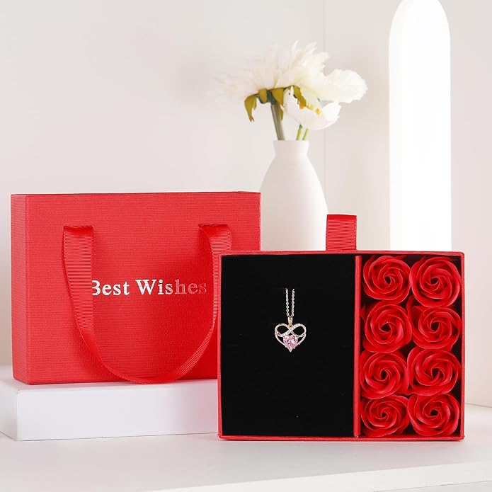 Rose Gold Birthstone Necklaces Heart Birthstone Pendant Necklaces For Women Valentine's Day Mother's Day Anniversary Christmas Gifts