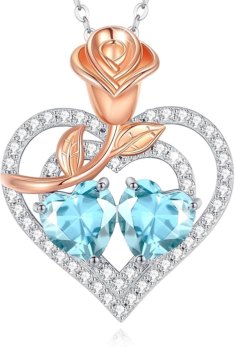 AGVANA Birthstone Necklace for Women Sterling Silver Rose Flower Heart Double Birthstone Jewelry Pendant Necklace Anniversary Birthday Gifts for Women Mom Wife Girlfriend Her