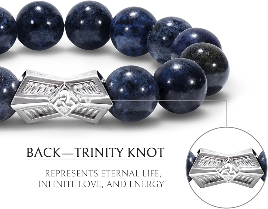 AWNL® Men's Beaded Bracelet with Sterling Silver Engraved Runes Charm 12mm Bronzite Dumortierite Obsidian Natural Gemstone Gift for Men, 6.1''-7.9''